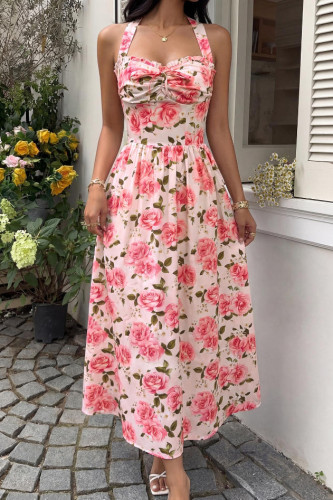 French Floral Hanging Neck High Waisted Dress