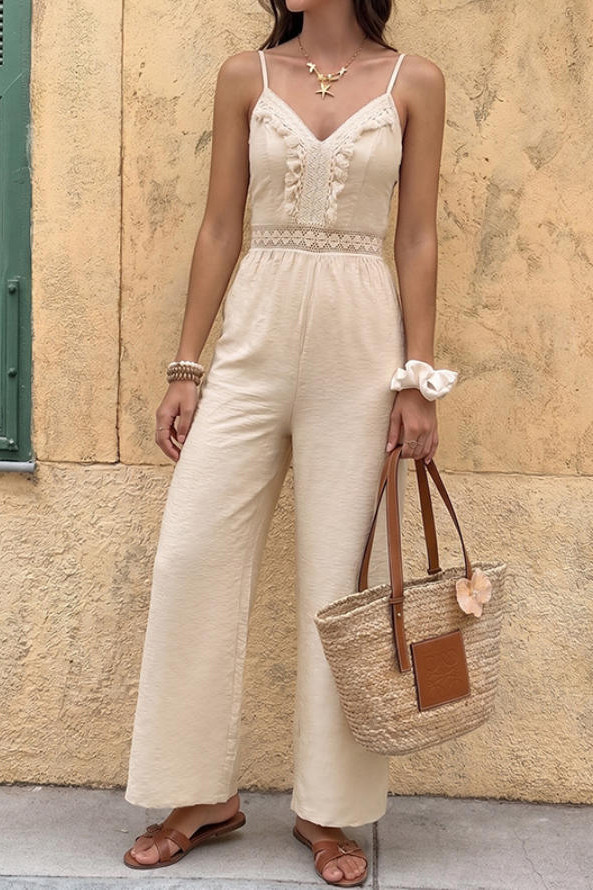 Solid Color Lace V-Neck Fringe Camisole Jumpsuit