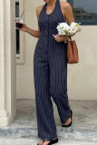 Retro Striped Hanging Neck Backless Jumpsuit