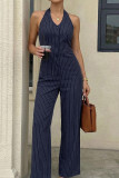 Retro Striped Hanging Neck Backless Jumpsuit