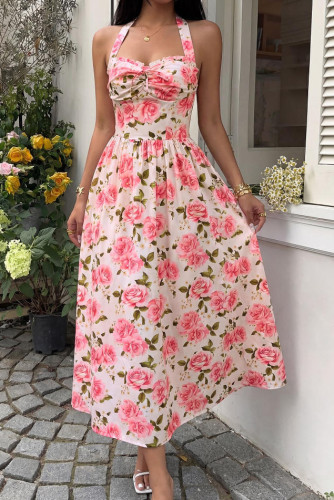 French Floral Hanging Neck High Waisted Dress