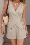 Solid Color V-neck Vest Wide Leg Shorts 2-piece Set