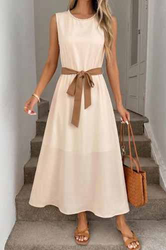 Nail Bead Round Neck Waist Cinching Dress