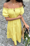 One Shoulder Bubble Sleeve Waist Cinching Dress