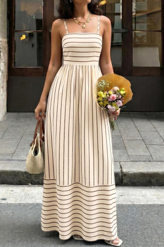 Retro Striped Camisole Backless Hollow Out Dress