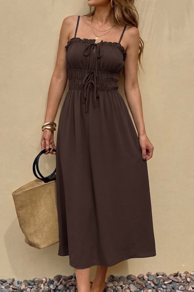 Solid Color Backless Waist Cinched Sleeveless Dress