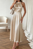 Solid Color Satin Sleeveless Waist Cinching Dress