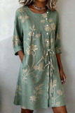 V-neck Printed Loose Mid Sleeve Dress