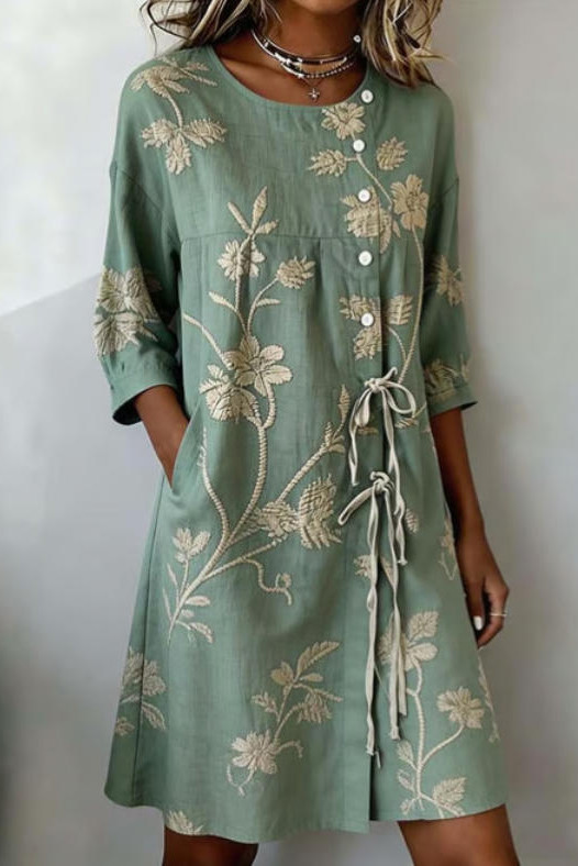 V-neck Printed Loose Mid Sleeve Dress