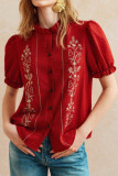 Ruffled Short Sleeved Embroidered Shirt
