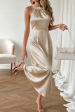 Solid Color Satin Sleeveless Waist Cinching Dress