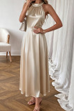 Solid Color Satin Sleeveless Waist Cinching Dress