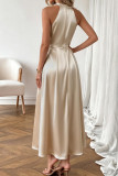 Solid Color Satin Sleeveless Waist Cinching Dress