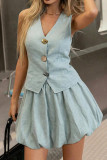 V-neck Vest Flower Bud Short Skirt Two-piece Set