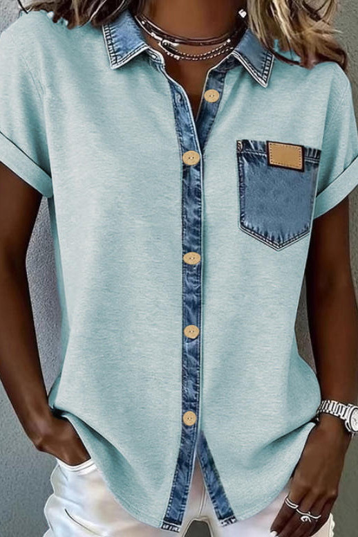 Retro Contrasting Short Sleeved Lapel Shirt