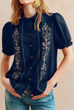 Ruffled Short Sleeved Embroidered Shirt