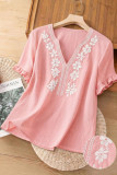 V-neck Embroidered Lace Short Sleeve Shirt