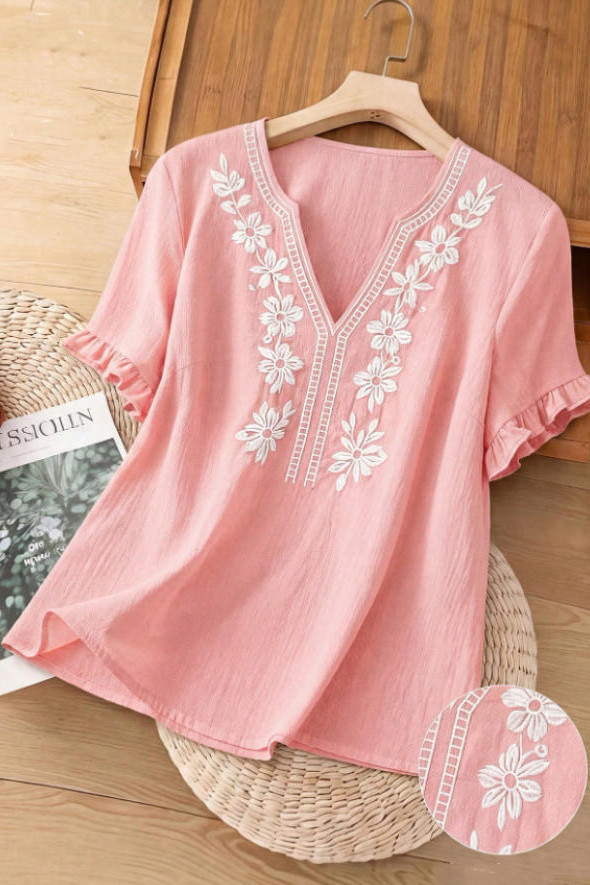 V-neck Embroidered Lace Short Sleeve Shirt