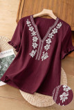 V-neck Embroidered Lace Short Sleeve Shirt