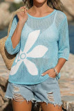 Hollow Out Long Sleeved Printed Beach Cover Shirt