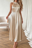Solid Color Satin Sleeveless Waist Cinching Dress