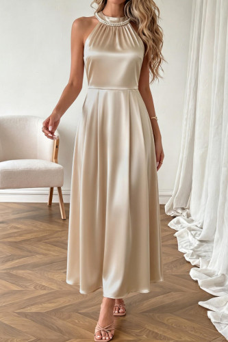 Solid Color Satin Sleeveless Waist Cinching Dress