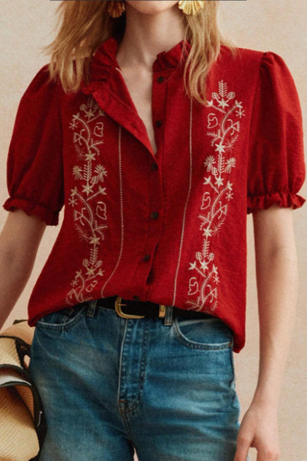 Ruffled Short Sleeved Embroidered Shirt