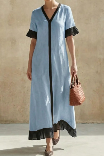 Solid Color V-neck Lace Short Sleeved Dress