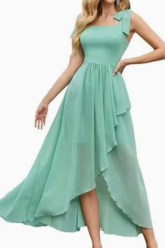 Solid Color Waist Cinched Chiffon Dress