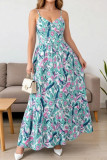 French Printed V-neck Waist Cinched Dress