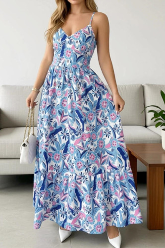 French Printed V-neck Waist Cinched Dress