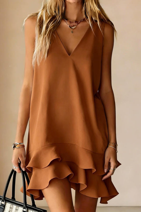 V-neck Sleeveless Loose Ruffle Edge Dress
