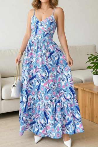 French Printed V-neck Waist Cinched Dress