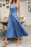V-Neck Hanging Neck Backless Denim Dress