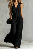 Linen Waist Cinched V-neck Sleeveless Jumpsuit