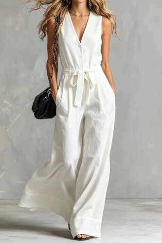 Linen Waist Cinched V-neck Sleeveless Jumpsuit