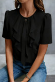 Ruffled Pleated Round Neck Short Sleeved Shirt