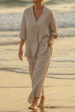Linen V-neck Shirt Wide Leg Pants 2-piece Set