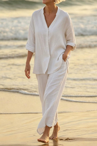 Linen V-neck Shirt Wide Leg Pants 2-piece Set