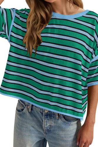 Loose Striped Bat Sleeve Round Neck T-shirt