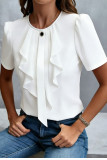 Ruffled Pleated Round Neck Short Sleeved Shirt