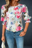 Round Neck Print Mid Sleeve Loose Shirt