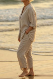 Linen V-neck Shirt Wide Leg Pants 2-piece Set
