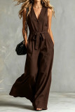 Linen Waist Cinched V-neck Sleeveless Jumpsuit