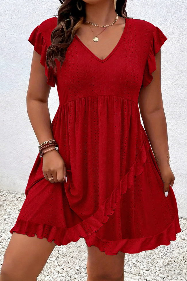 Large Size Jacquard Short Sleeve V-neck Dress