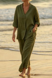 Linen V-neck Shirt Wide Leg Pants 2-piece Set