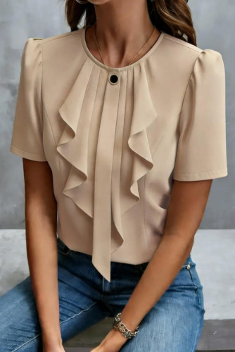 Ruffled Pleated Round Neck Short Sleeved Shirt