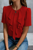 Ruffled Pleated Round Neck Short Sleeved Shirt