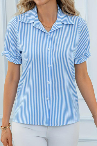 Lapel Bubble Short  Sleeve Striped Shirt