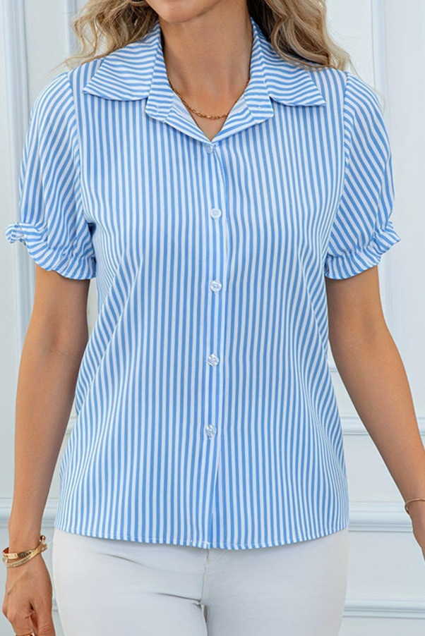 Lapel Bubble Short  Sleeve Striped Shirt